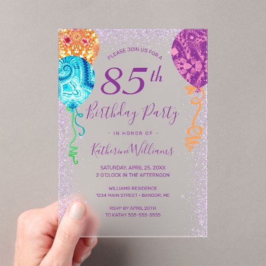 Invitations En Acrylique Balloons violets Aqua moderne 85e anniversaire (In situ (ordinateur de poche))