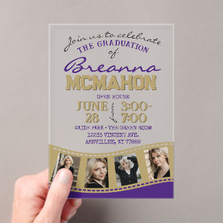 Invitations En Acrylique Bande de film de graduation de photo violet et or 