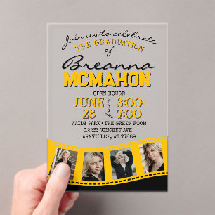 Invitations En Acrylique Bande de film Gold & Black Photo Graduation Froste