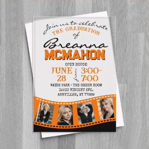 Invitations En Acrylique Bande de film Orange & Black Photo Graduation Fros