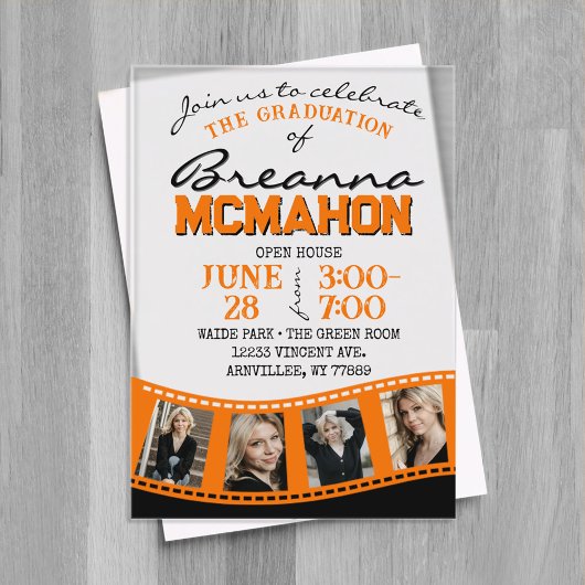 Invitations En Acrylique Bande de film Orange & Black Photo Graduation Fros