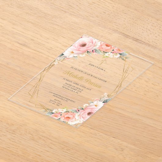Invitations En Acrylique Baptême à fleurs roses (Poser)