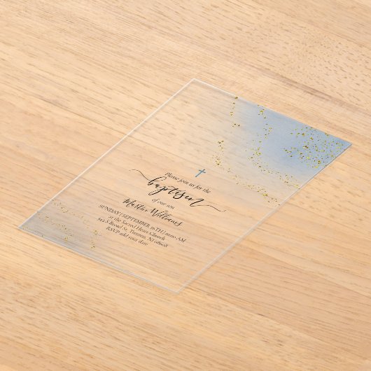 Invitations En Acrylique Baptême aquarelle fausse parties scintillant (Poser)