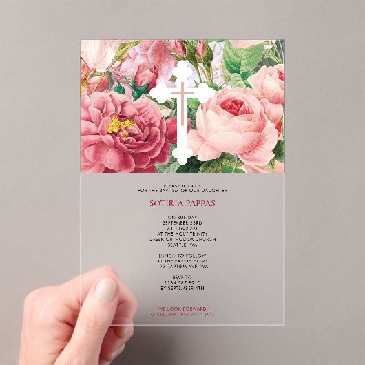Invitations En Acrylique Baptême Baptême Baptême Fille Roses Rose (In situ (ordinateur de poche))