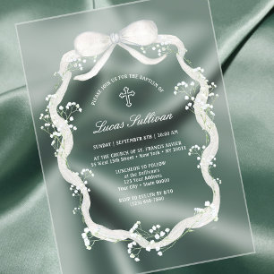 Invitations En Acrylique Baptême bébé au ruban blanc et au souffle de bébé