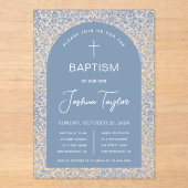 Invitations En Acrylique Baptême Bleu Garçon Arc Motif Floral Christening (Recto)