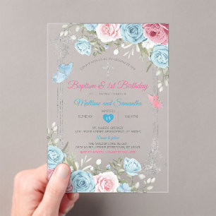 Invitations En Acrylique Baptême bleu rose argent Baptême bleu 1er annivers