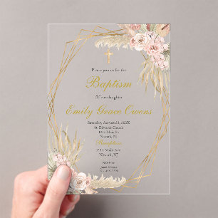 Invitations En Acrylique Baptême bohème rose acrylique