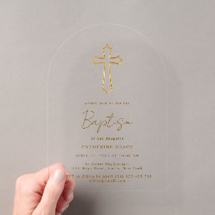 Invitations En Acrylique Baptême Chic Moderne Typographie Croix Dorée