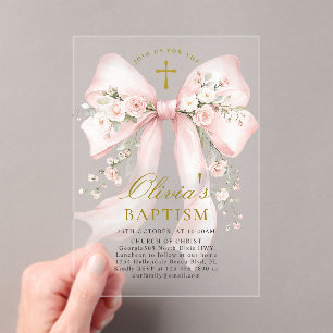 Invitations En Acrylique Baptême chrétien élégant d'une fille - Ruban flora