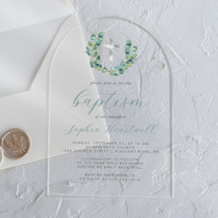 Invitations En Acrylique Baptême croisée d'argent de la couronne d'eucalypt