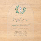 Invitations En Acrylique Baptême croisée d'argent de la couronne d'eucalypt (Recto)