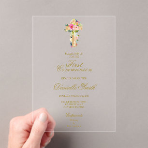 Invitations En Acrylique Baptême croix florale