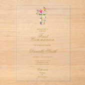Invitations En Acrylique Baptême croix florale (Recto)