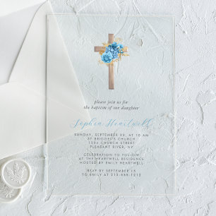 Invitations En Acrylique Baptême Croix Or Bleu Floral