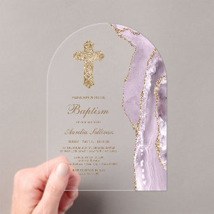 Invitations En Acrylique Baptême d'agate lilas poussiéreux