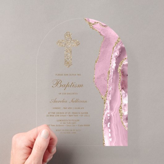 Invitations En Acrylique Baptême d'Agate Rose (In situ (ordinateur de poche))