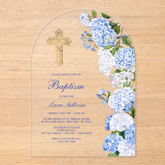 Invitations En Acrylique Baptême d'arc bleu Hydrangea (Recto)