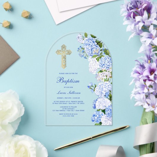Invitations En Acrylique Baptême d'arc bleu Hydrangea (Insitu (Mariage))