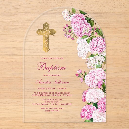 Invitations En Acrylique Baptême d'arc rose Hydrangea (Recto)
