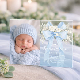 Invitations En Acrylique Baptême de bébé garçon photo floral eucalyptus nœu