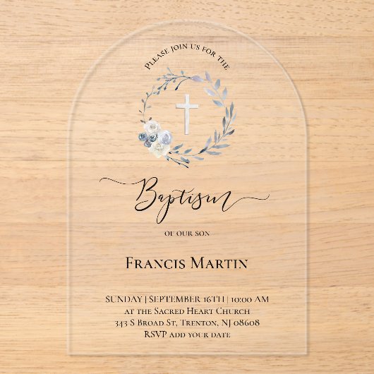 Invitations En Acrylique Baptême de couronne bleue (Recto)