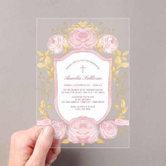 Invitations En Acrylique Baptême de crête rose (In situ (ordinateur de poche))