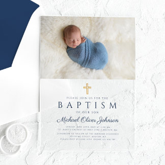 Invitations En Acrylique Baptême de croix religieuse Bleu élégant Boy Photo