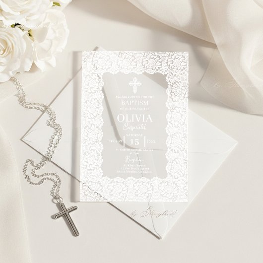 Invitations En Acrylique Baptême de dentelle blanche
