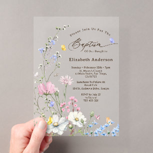 Invitations En Acrylique Baptême de fleurs sauvages fantaisistes rose paste