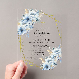 Invitations En Acrylique Baptême de jardin poussiéreux bleu de fleurs sauva