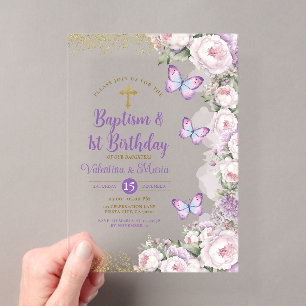 Invitations En Acrylique Baptême de jumeaux & 1er anniversaire Croix floral