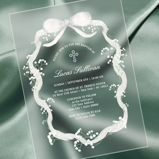 Invitations En Acrylique Baptême de l'haleine du bébé au ruban blanc