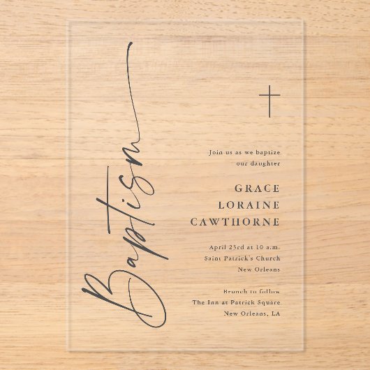 Invitations En Acrylique Baptême de Script élégant moderne (Recto)