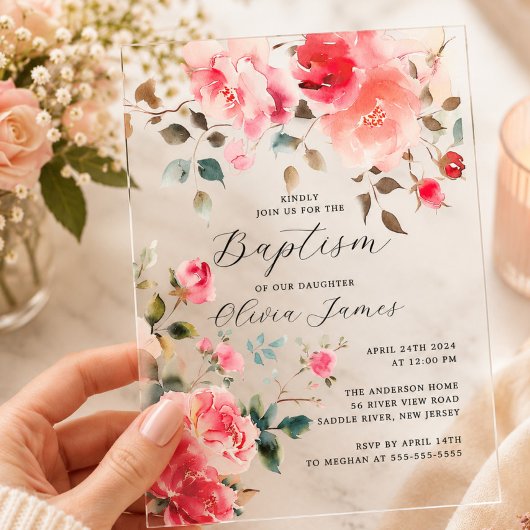 Invitations En Acrylique Baptême des Fleurs Rouges