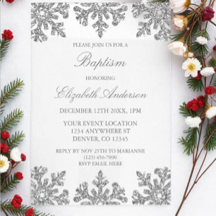 Invitations En Acrylique Baptême d'hiver flocon de neige argenté