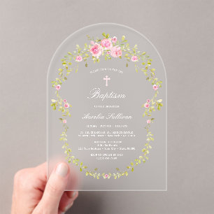 Invitations En Acrylique Baptême du cadre rose Roses