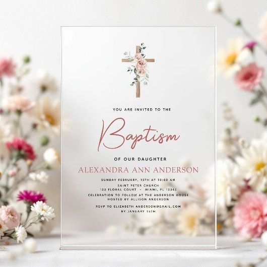 Invitations En Acrylique Baptême Dusty Rose Vert Eucalyptus