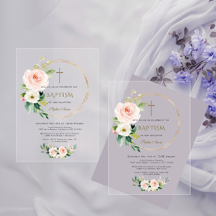 Invitations En Acrylique Baptême élégant croix dorée fleurs rose pâle