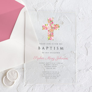 Invitations En Acrylique Baptême élégant religieux croix florale rose