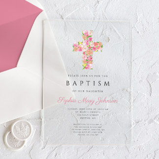 Invitations En Acrylique Baptême élégant religieux croix florale rose