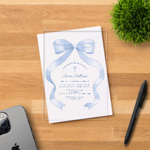Invitations En Acrylique Baptême élégant ruban bleu