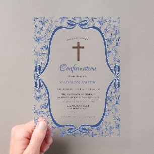 Invitations En Acrylique Baptême élégant Toile de Jouy bleue