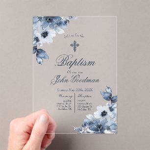 Invitations En Acrylique Baptême en bleu poussiéreux acrylique avec croix