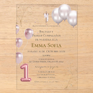Invitations En Acrylique Baptême et premier anniversaire acrylique avec bal