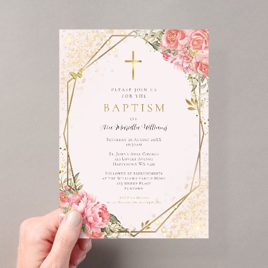 Invitations En Acrylique Baptême Fille Bébé Fleur Rose (In situ (ordinateur de poche))