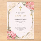 Invitations En Acrylique Baptême Fille Bébé Fleur Rose (Recto)