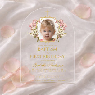Invitations En Acrylique Baptême Fille Premier Anniversaire Photo Or Rose F