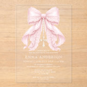 Invitations En Acrylique Baptême Fille Rose Ruban (Recto)