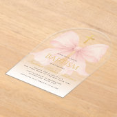Invitations En Acrylique Baptême Fille Ruban Rose Croix Or Faux Script Ombr (Poser)